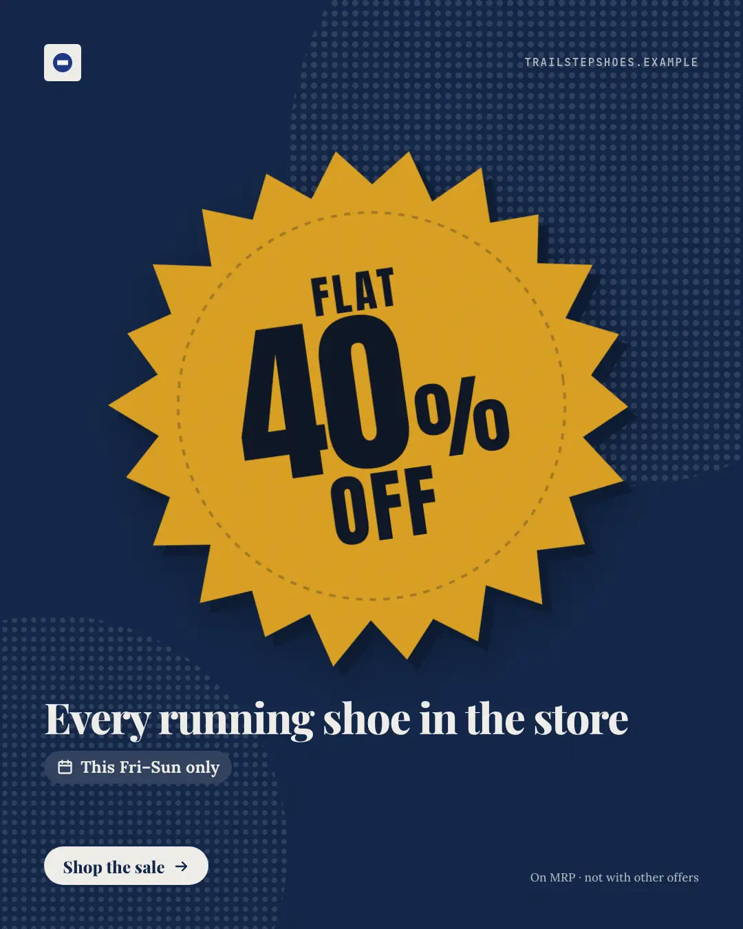 Sample Discount burst sticker creative (Offer tags & coupons template), shown on the fictional brand Trailstep Shoes