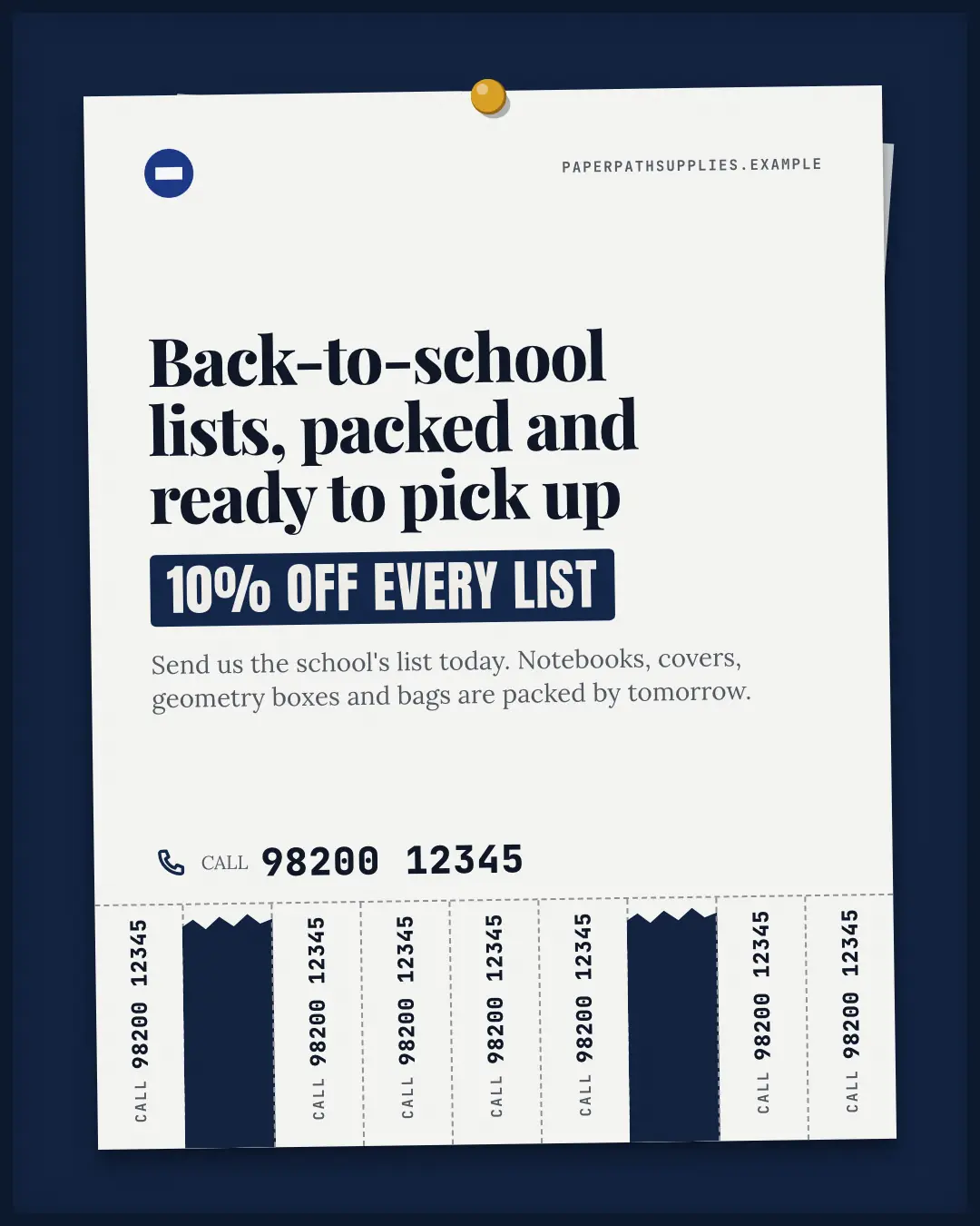 Sample Tear-off flyer creative (Offer tags & coupons template), shown on the fictional brand Paperpath Supplies