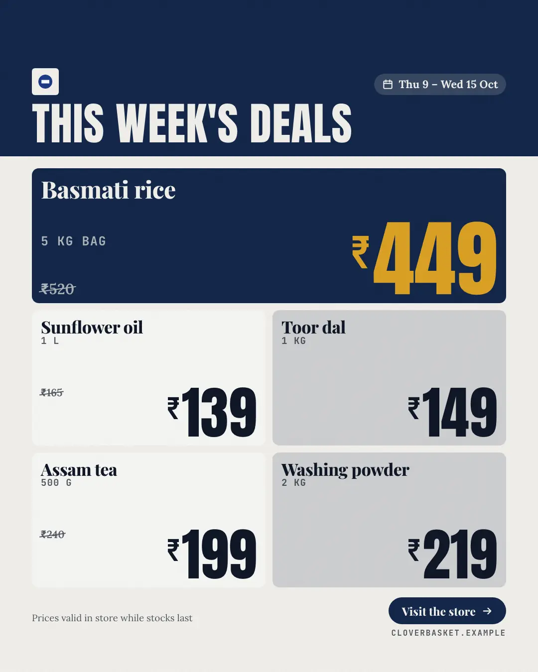 Sample Supermarket weekly flyer creative (Offer tags & coupons template), shown on the fictional brand Clover Basket