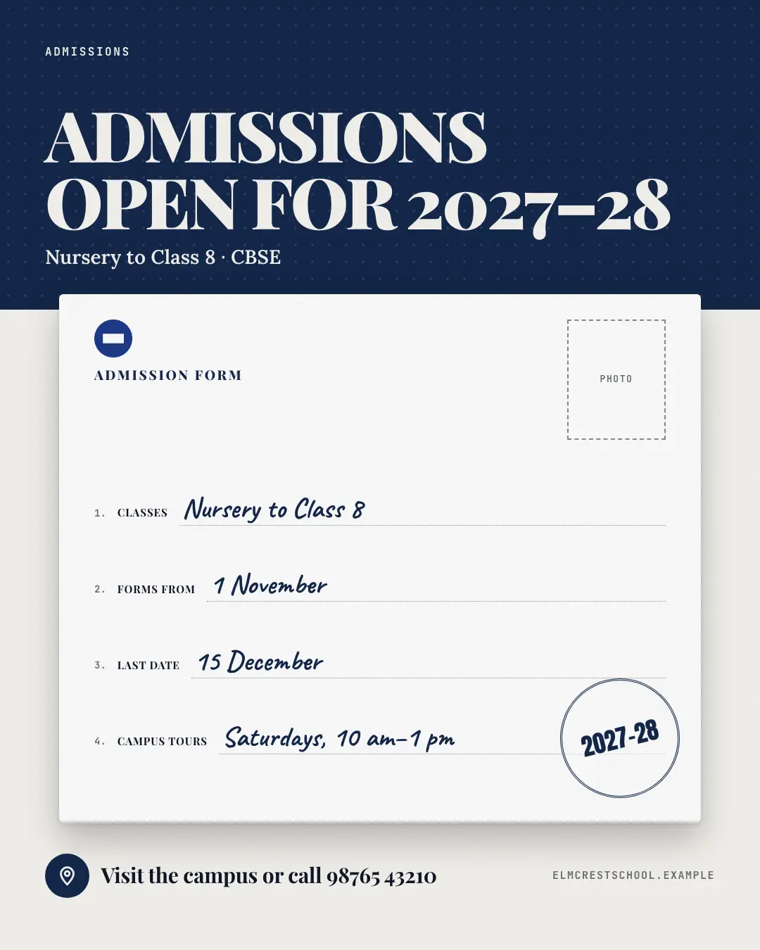 Sample Admissions open creative (Clinics, tutors, homestays & garages template), shown on the fictional brand Elmcrest School