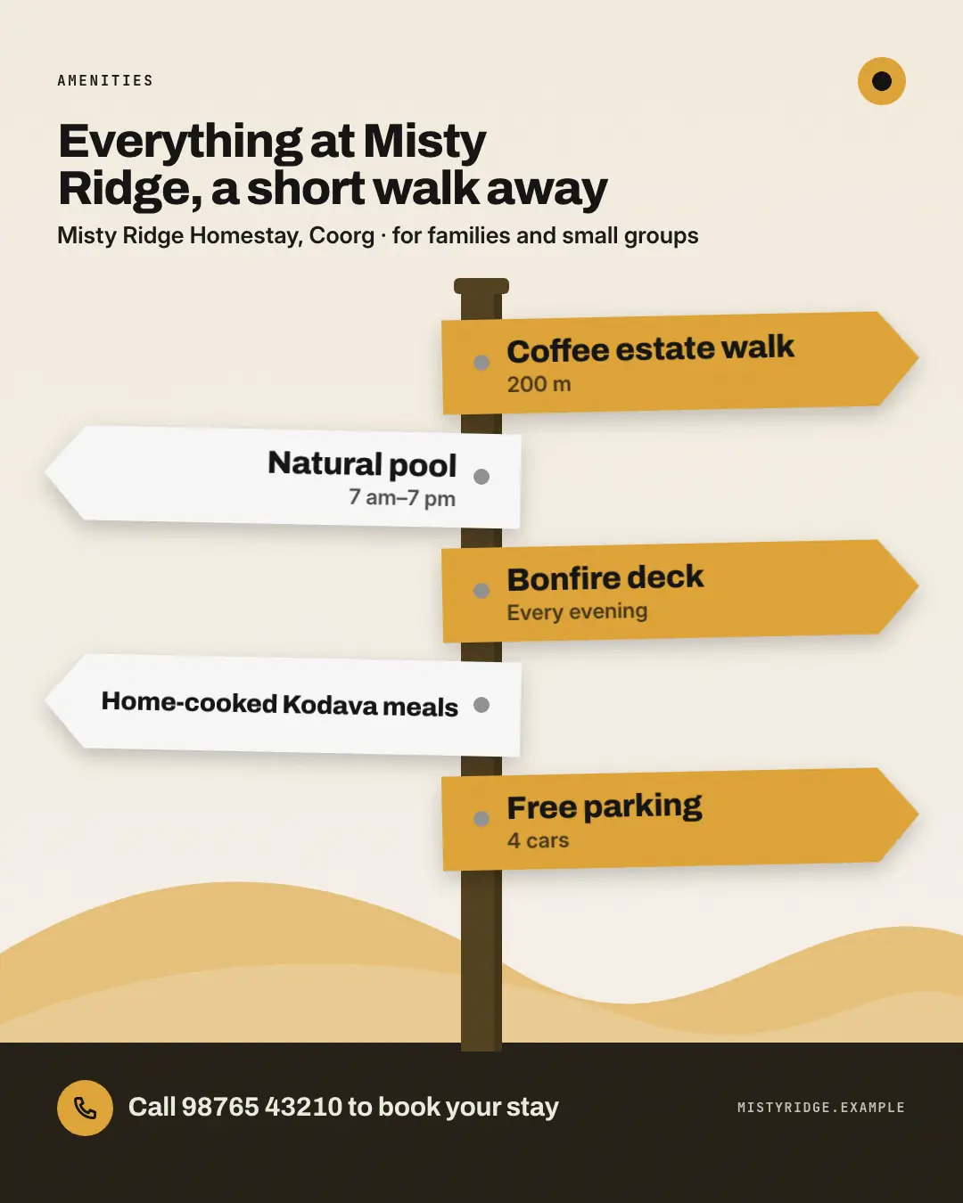 Sample Amenities signpost creative (Clinics, tutors, homestays & garages template), shown on the fictional brand Misty Ridge Homestay