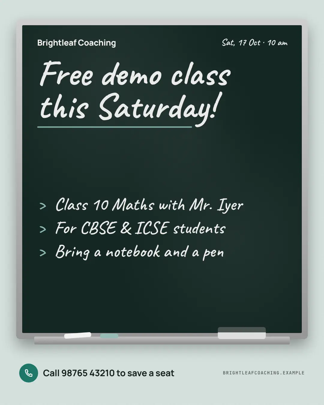 Sample Chalkboard invite creative (Clinics, tutors, homestays & garages template), shown on the fictional brand Brightleaf Coaching