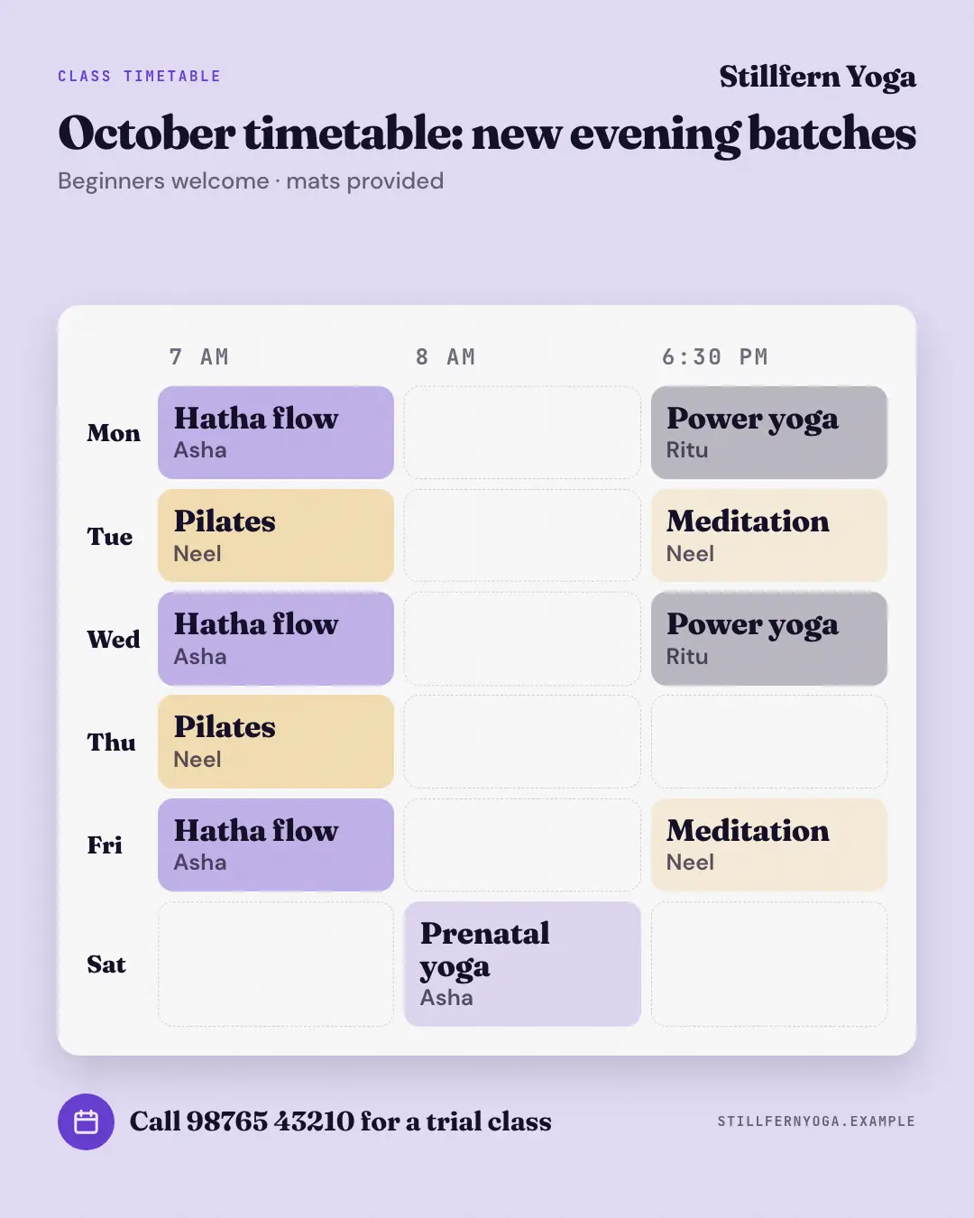 Sample Timetable grid creative (Clinics, tutors, homestays & garages template), shown on the fictional brand Stillfern Yoga