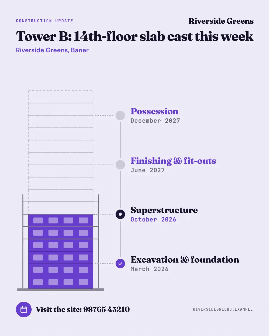 Sample Tower under construction creative (Clinics, tutors, homestays & garages template), shown on the fictional brand Riverside Greens
