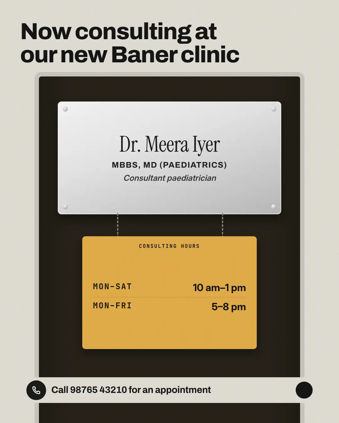 Sample Engraved nameplate creative (Clinics, tutors, homestays & garages template), shown on the fictional brand Littlefern Clinic