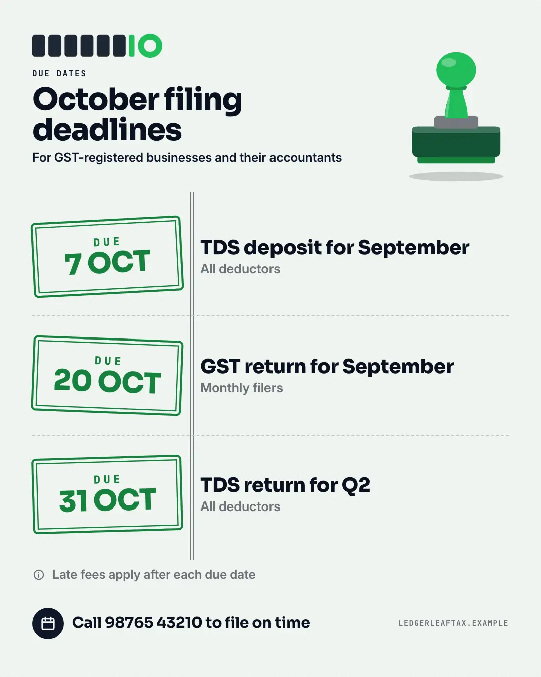 Sample Deadline stamps creative (Clinics, tutors, homestays & garages template), shown on the fictional brand Ledgerleaf Tax