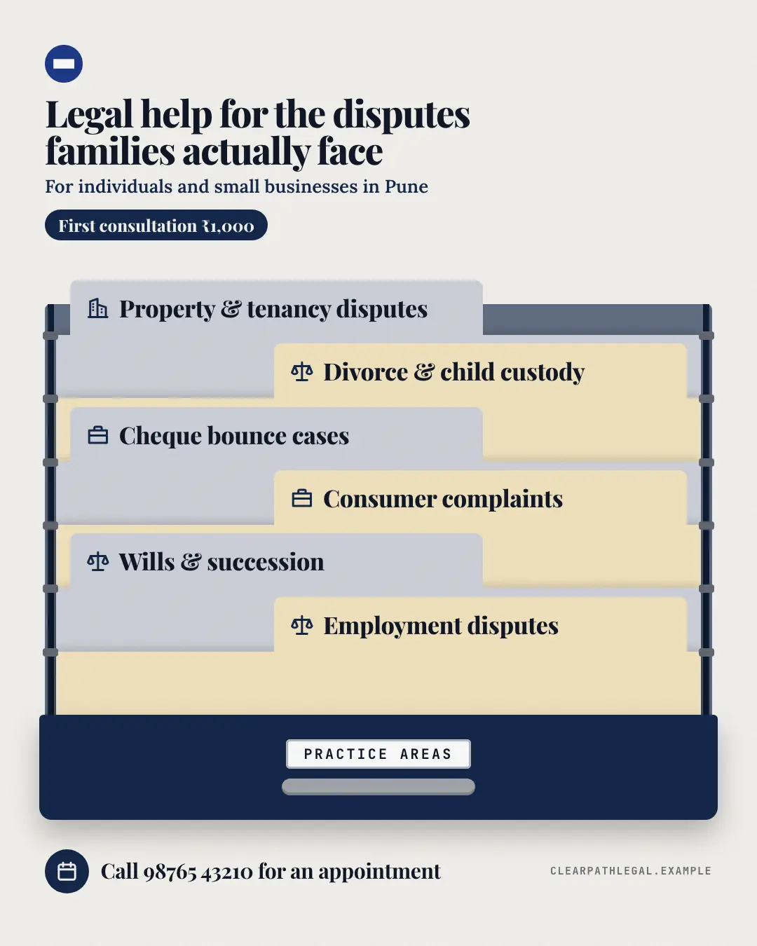 Sample Hanging folders creative (Clinics, tutors, homestays & garages template), shown on the fictional brand Clearpath Legal