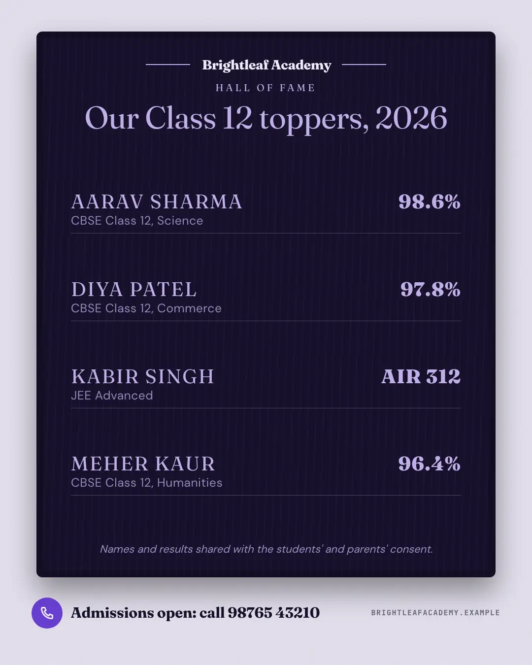 Sample Toppers honours board creative (Clinics, tutors, homestays & garages template), shown on the fictional brand Brightleaf Academy
