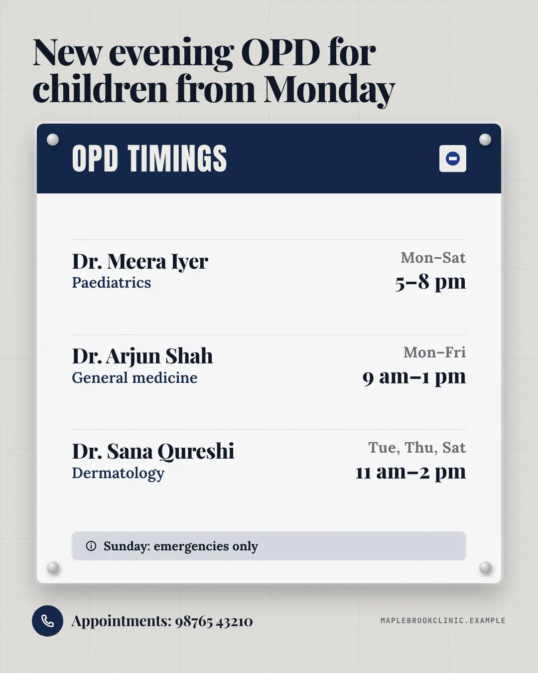 Sample OPD timings board creative (Clinics, tutors, homestays & garages template), shown on the fictional brand Maplebrook Clinic