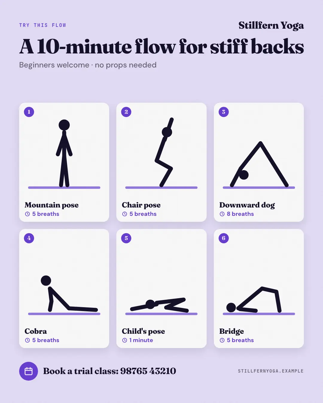 Sample Yoga pose sequence creative (Clinics, tutors, homestays & garages template), shown on the fictional brand Stillfern Yoga