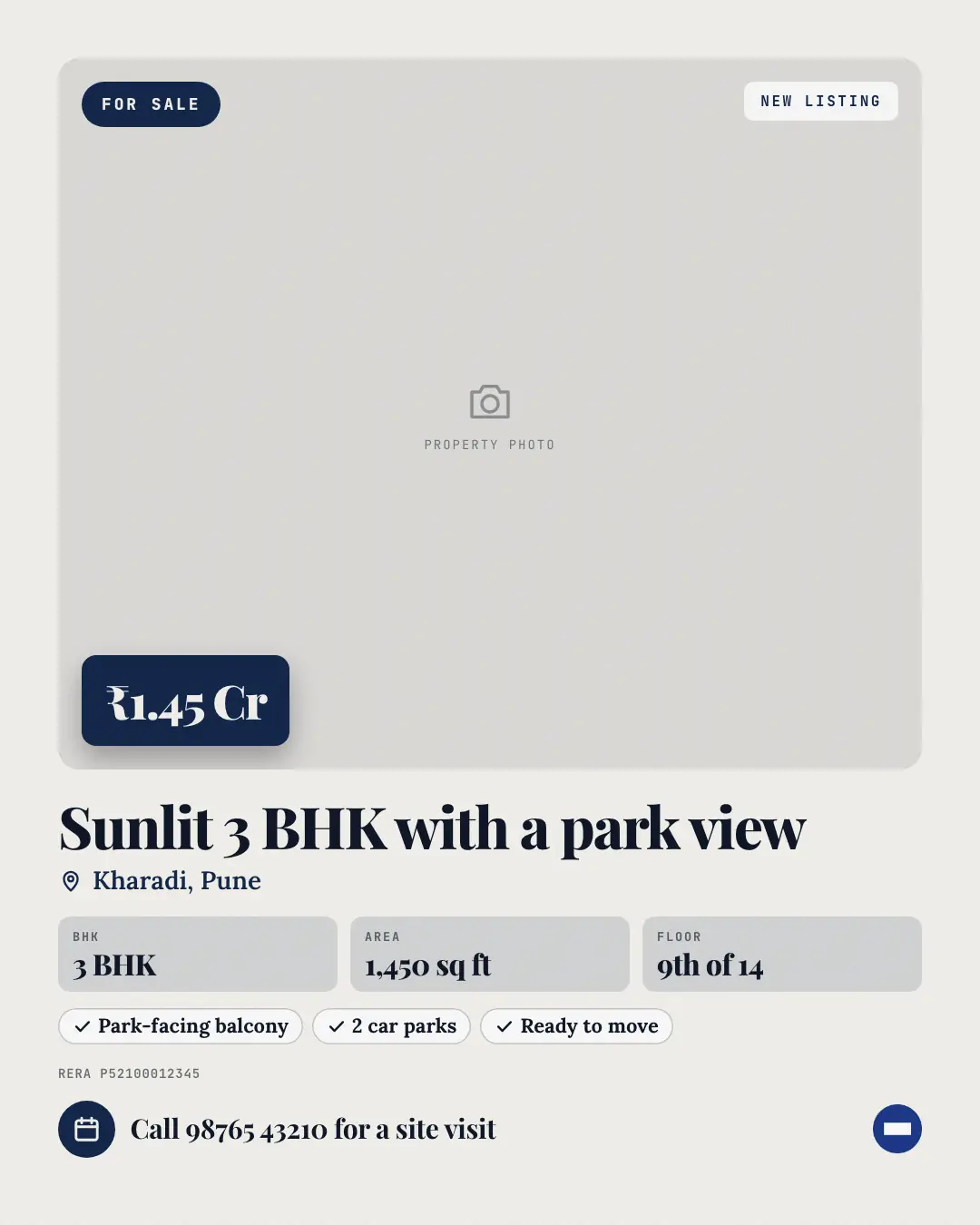 Sample Property listing card creative (Clinics, tutors, homestays & garages template), shown on the fictional brand Parkfern Realty
