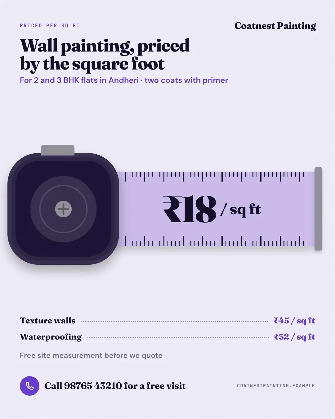 Sample Rate by the square foot creative (Clinics, tutors, homestays & garages template), shown on the fictional brand Coatnest Painting