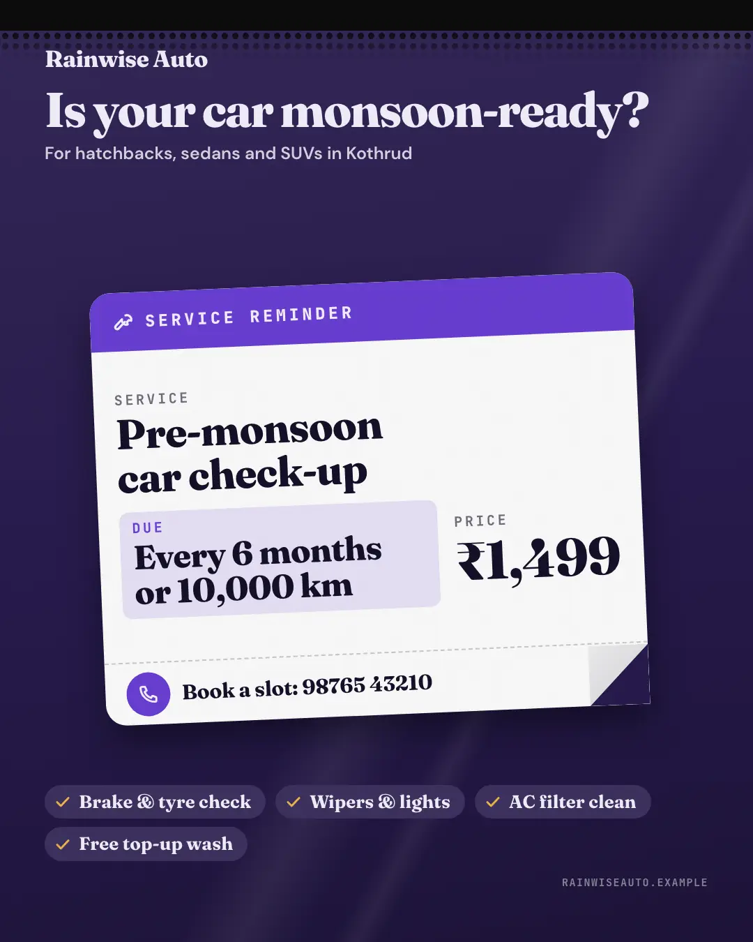 Sample Windshield sticker creative (Clinics, tutors, homestays & garages template), shown on the fictional brand Rainwise Auto