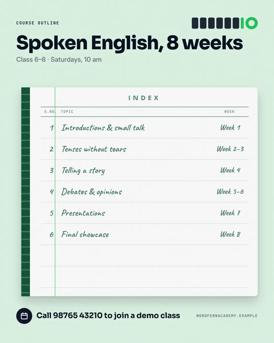 Sample Syllabus index creative (Clinics, tutors, homestays & garages template), shown on the fictional brand Wordfern Academy