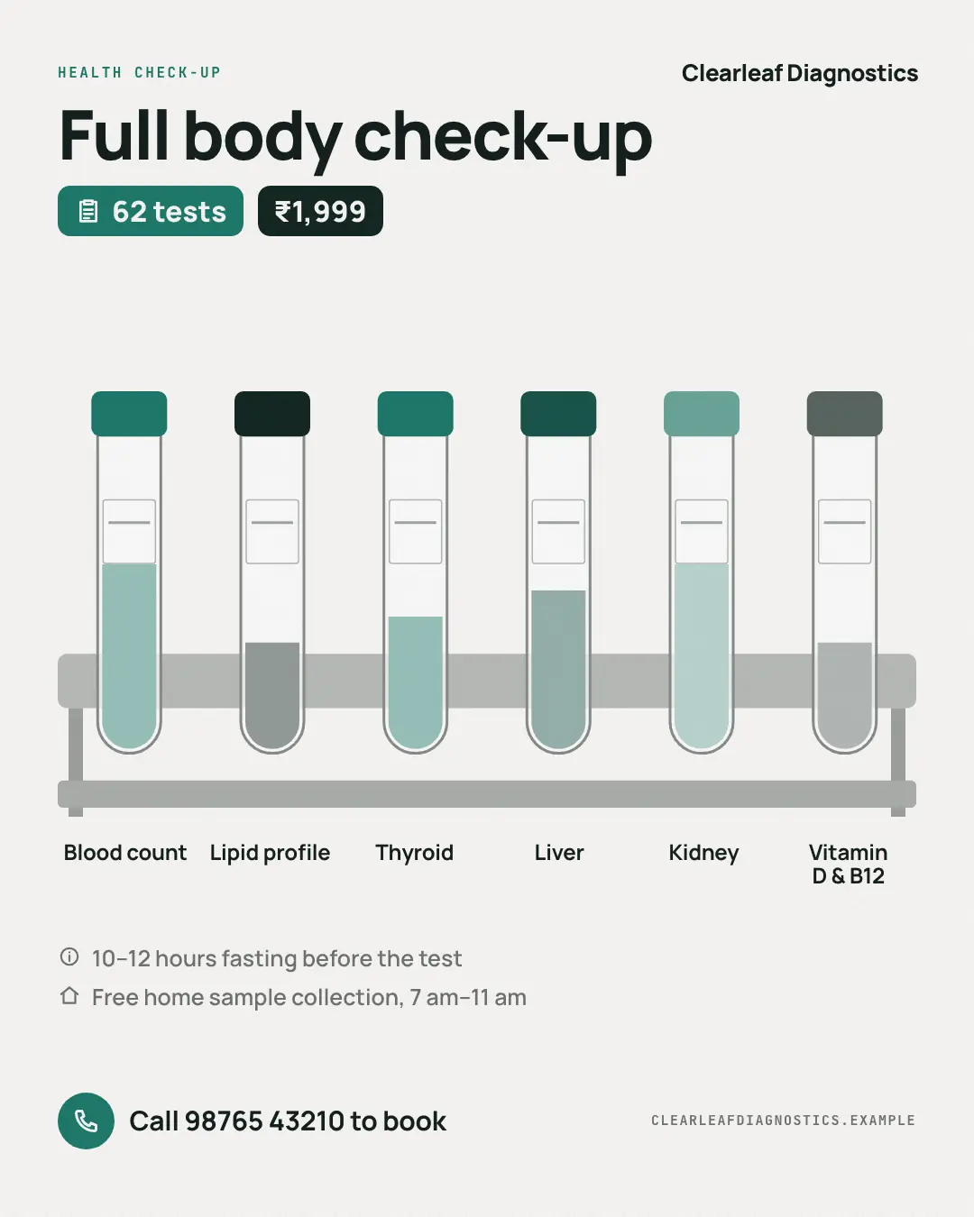 Sample Diagnostic check-up creative (Clinics, tutors, homestays & garages template), shown on the fictional brand Clearleaf Diagnostics