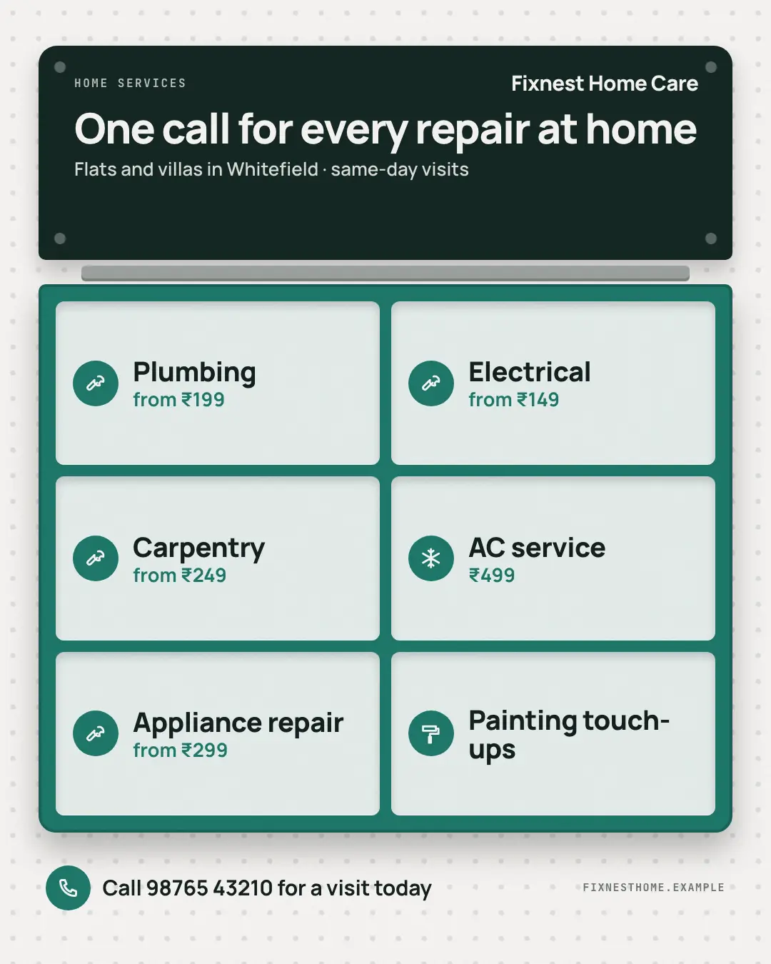 Sample Toolbox menu creative (Clinics, tutors, homestays & garages template), shown on the fictional brand Fixnest Home Care