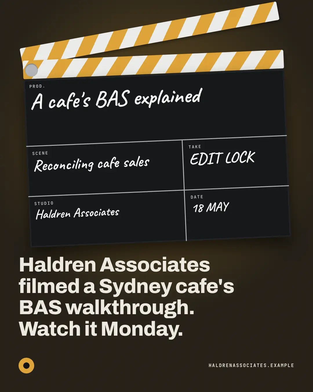 Sample Clapperboard slate creative (TV & broadcast template), shown on the fictional brand Haldren Associates