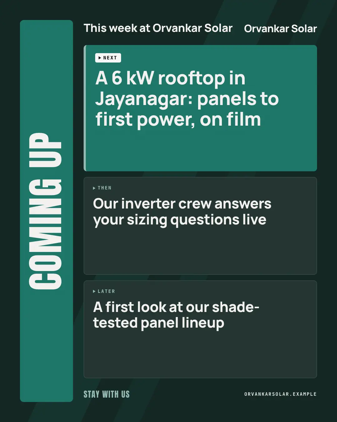 Sample Coming up next creative (TV & broadcast template), shown on the fictional brand Orvankar Solar