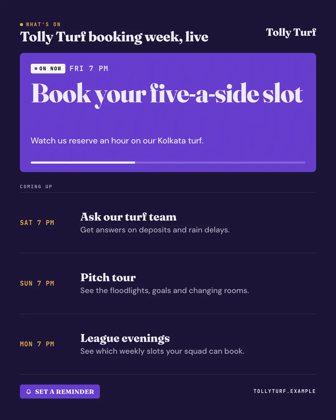 Sample TV listings: what's on creative (TV & broadcast template), shown on the fictional brand Tolly Turf