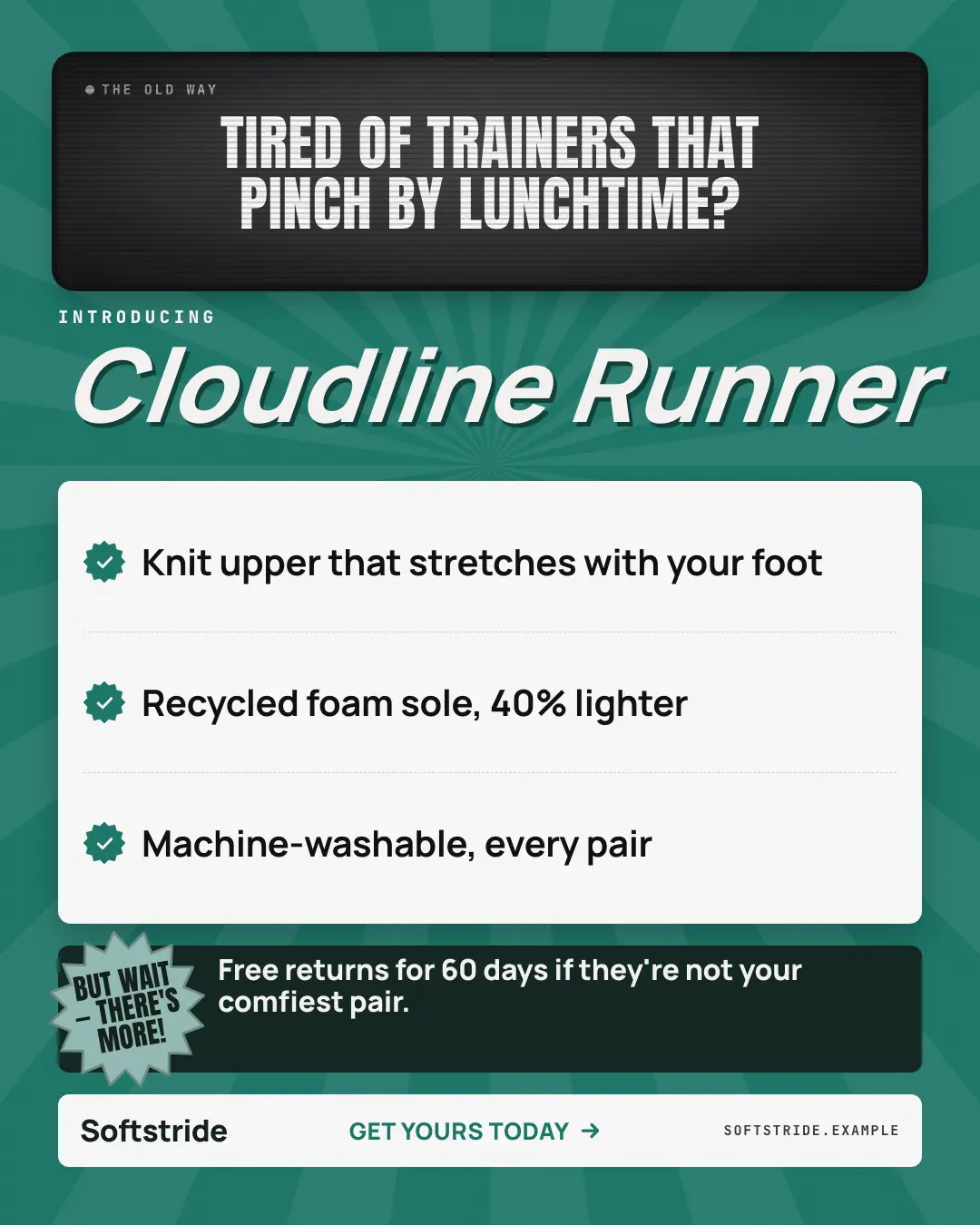 Sample Infomercial: but wait, there's more creative (TV & broadcast template), shown on the fictional brand Softstride