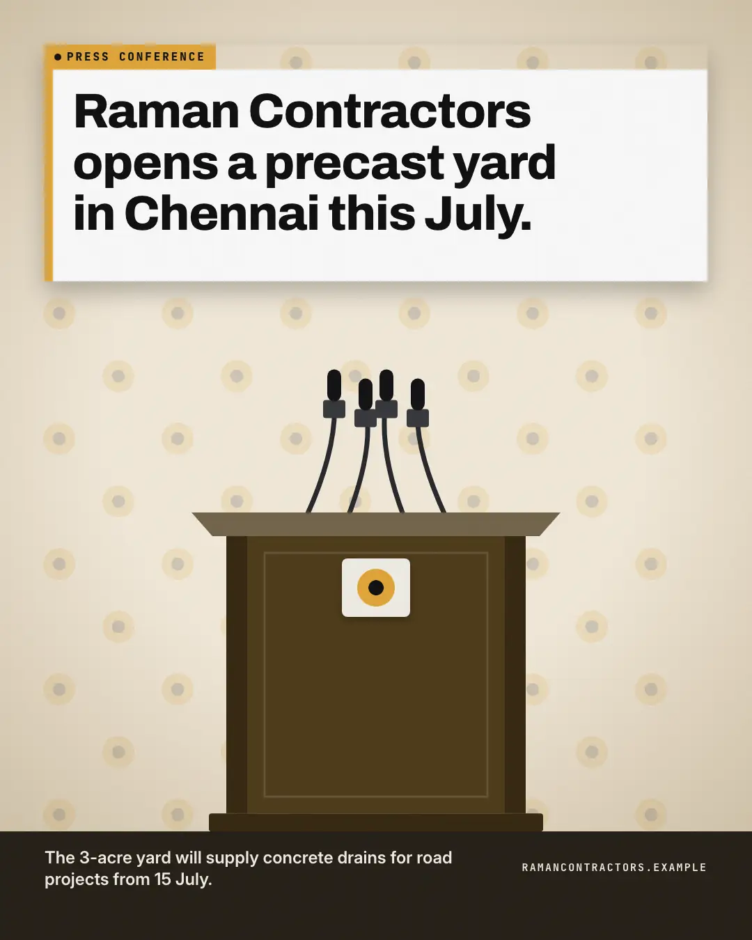 Sample Press conference creative (TV & broadcast template), shown on the fictional brand Raman Contractors