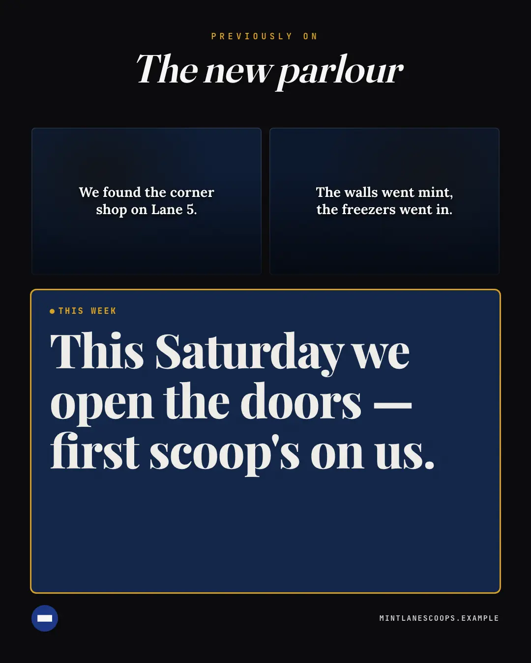 Sample Previously on… creative (TV & broadcast template), shown on the fictional brand Mintlane Scoops