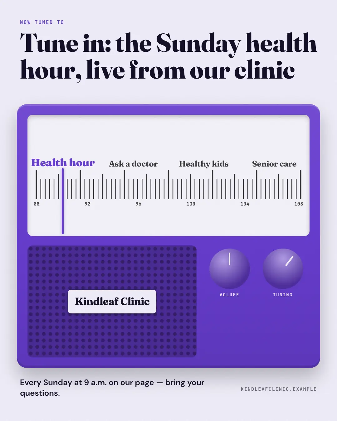 Sample Radio dial creative (TV & broadcast template), shown on the fictional brand Kindleaf Clinic