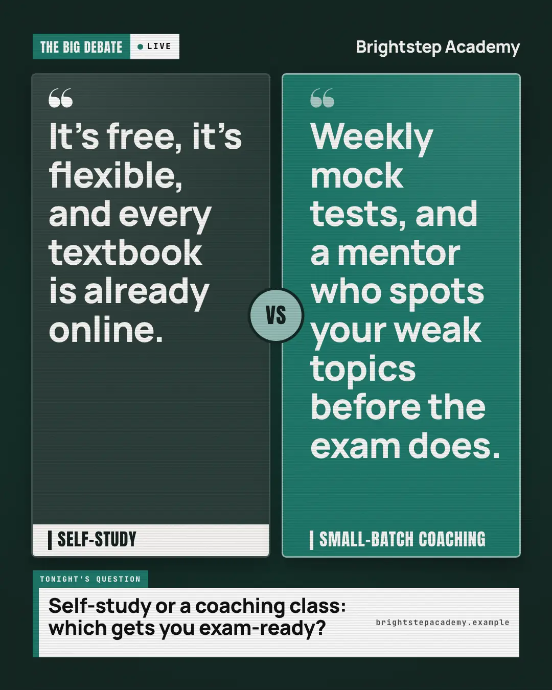 Sample TV debate creative (TV & broadcast template), shown on the fictional brand Brightstep Academy