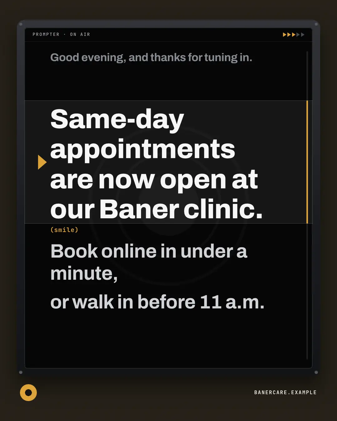 Sample Teleprompter creative (TV & broadcast template), shown on the fictional brand Baner Care Clinic