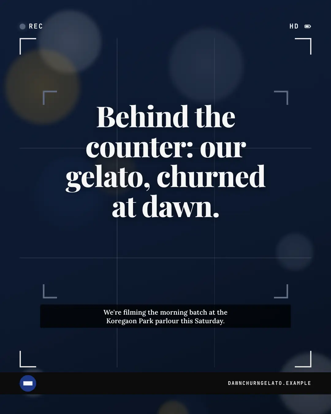 Sample Camera viewfinder: REC creative (TV & broadcast template), shown on the fictional brand Dawnchurn Gelato