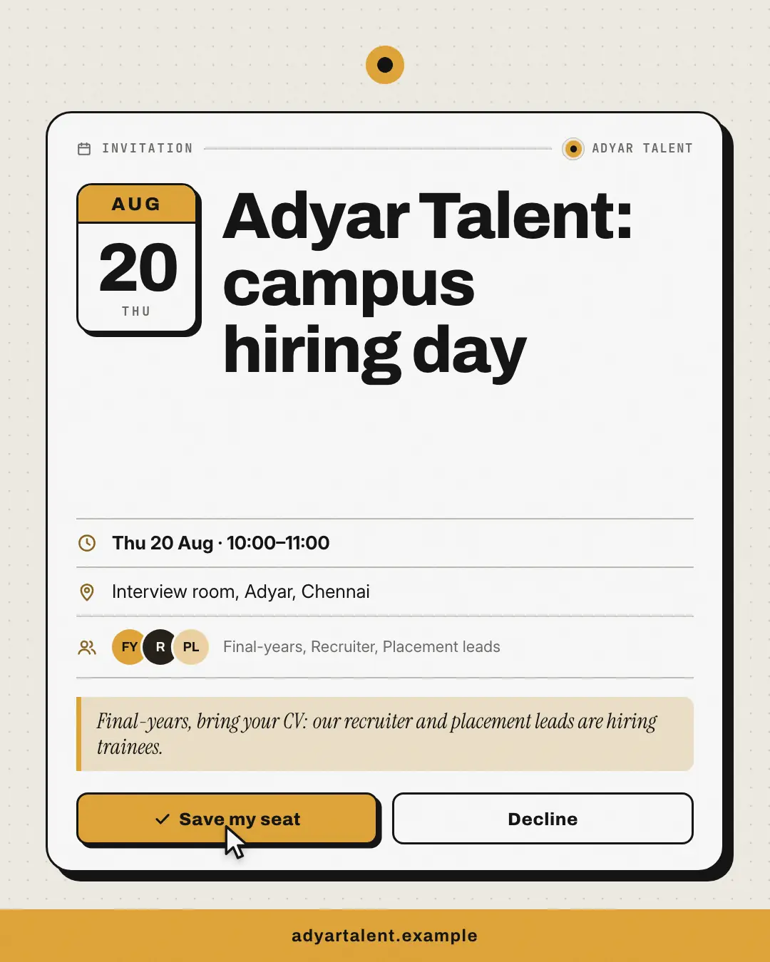 Sample Calendar invite creative (UI mimic template), shown on the fictional brand Adyar Talent