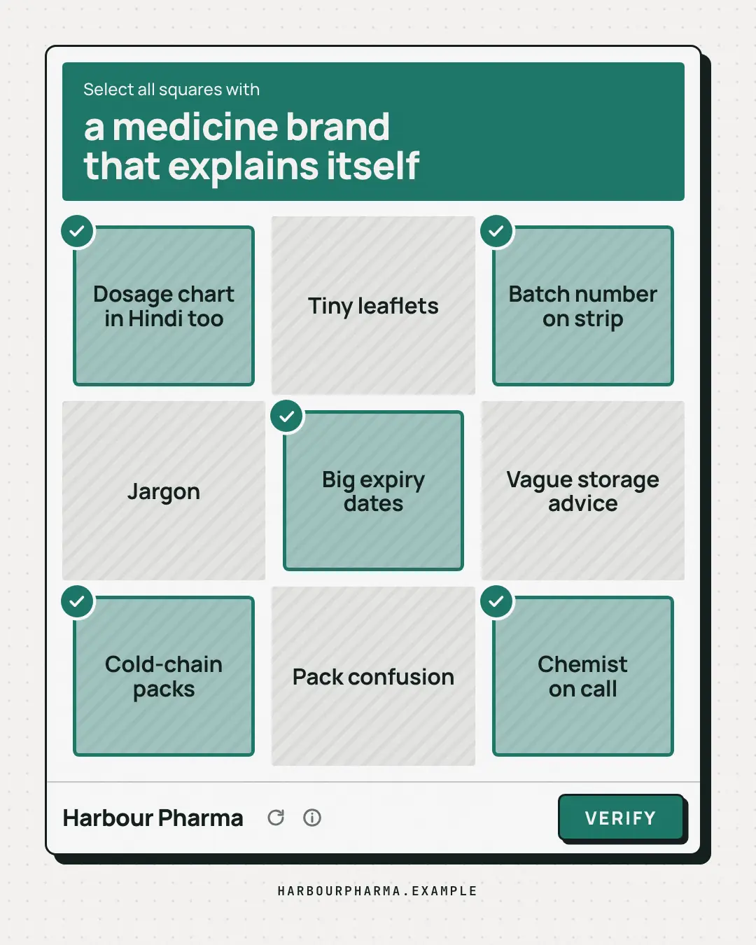 Sample Are you human? check creative (UI mimic template), shown on the fictional brand Harbour Pharma