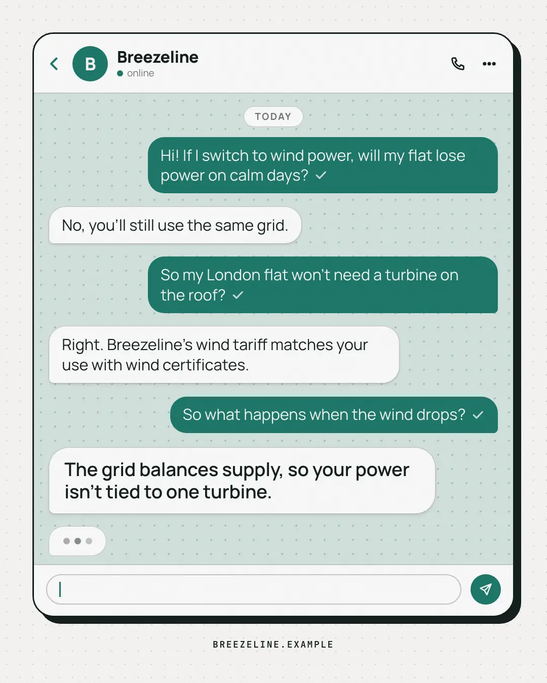 Sample Chat thread creative (UI mimic template), shown on the fictional brand Breezeline