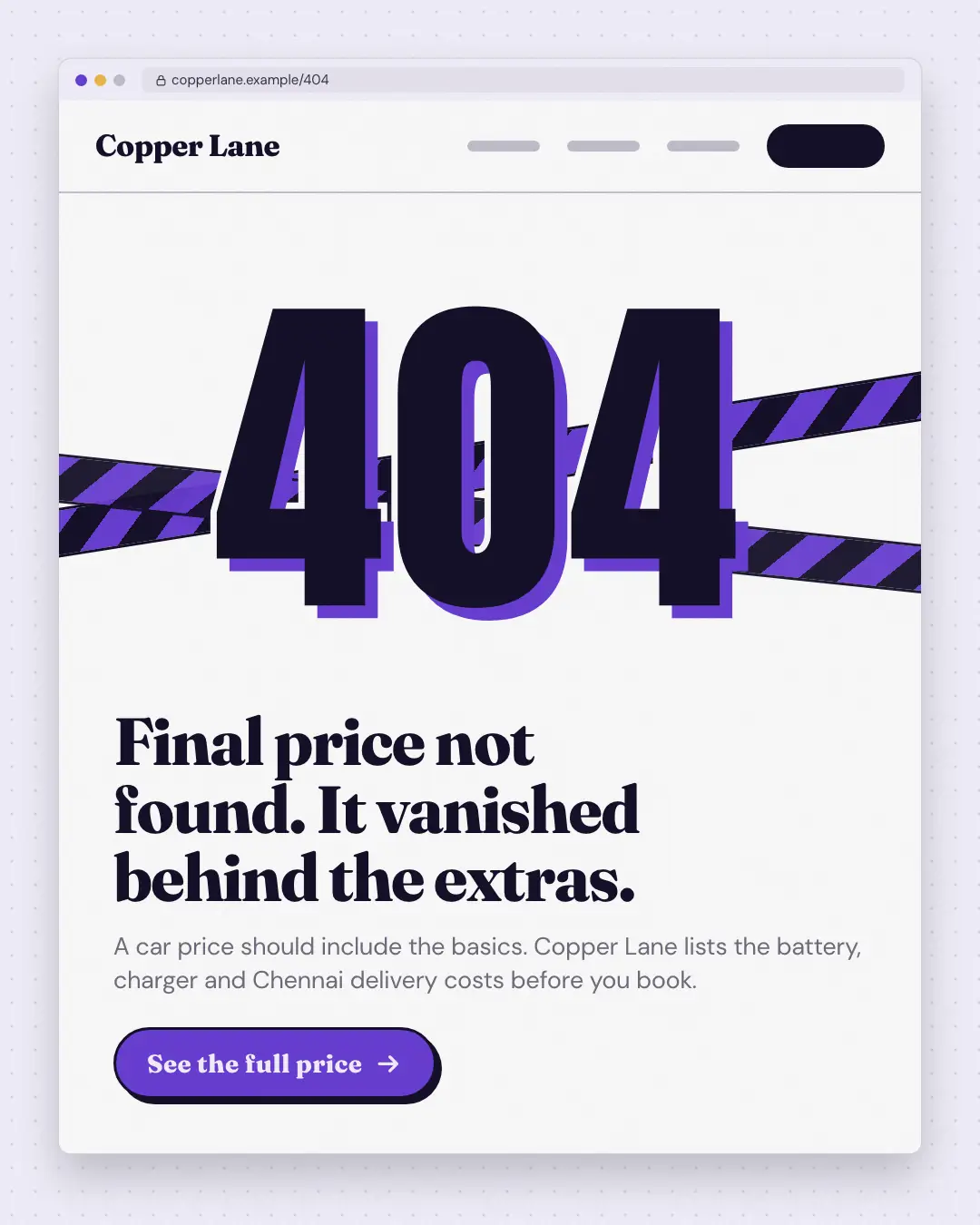 Sample Error page creative (UI mimic template), shown on the fictional brand Copper Lane