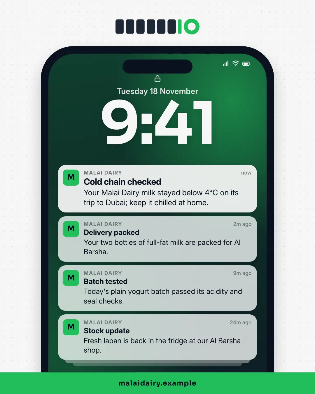 Sample Push notification stack creative (UI mimic template), shown on the fictional brand Malai Dairy