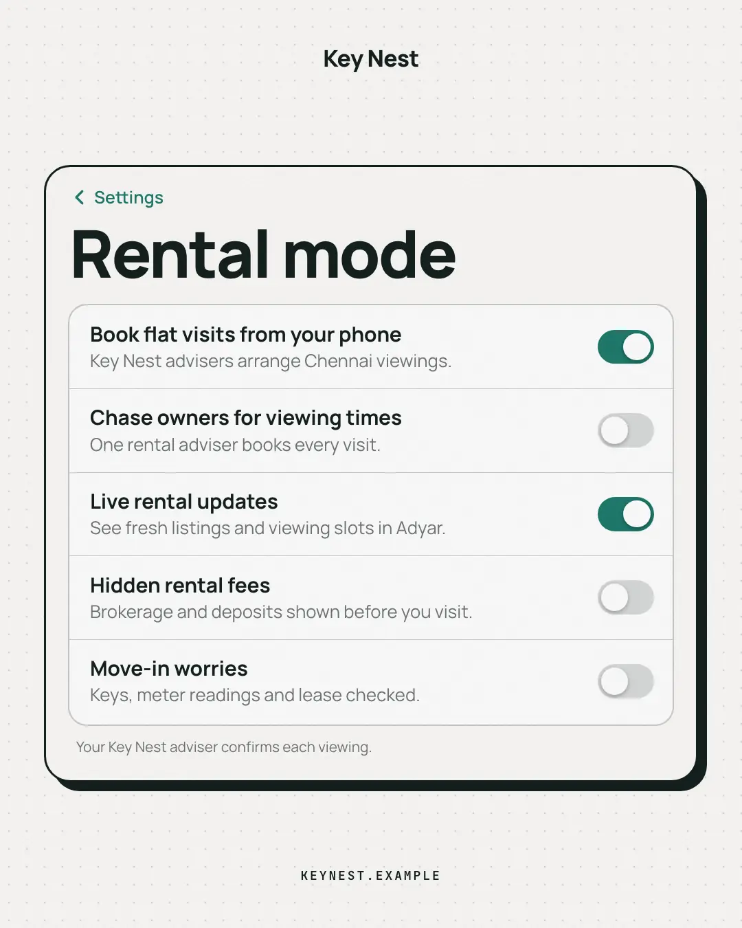 Sample Settings toggles creative (UI mimic template), shown on the fictional brand Key Nest