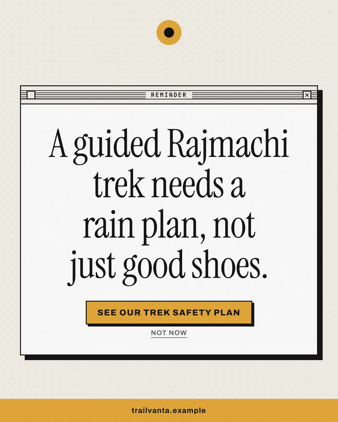 Sample System dialog creative (UI mimic template), shown on the fictional brand Trailvanta