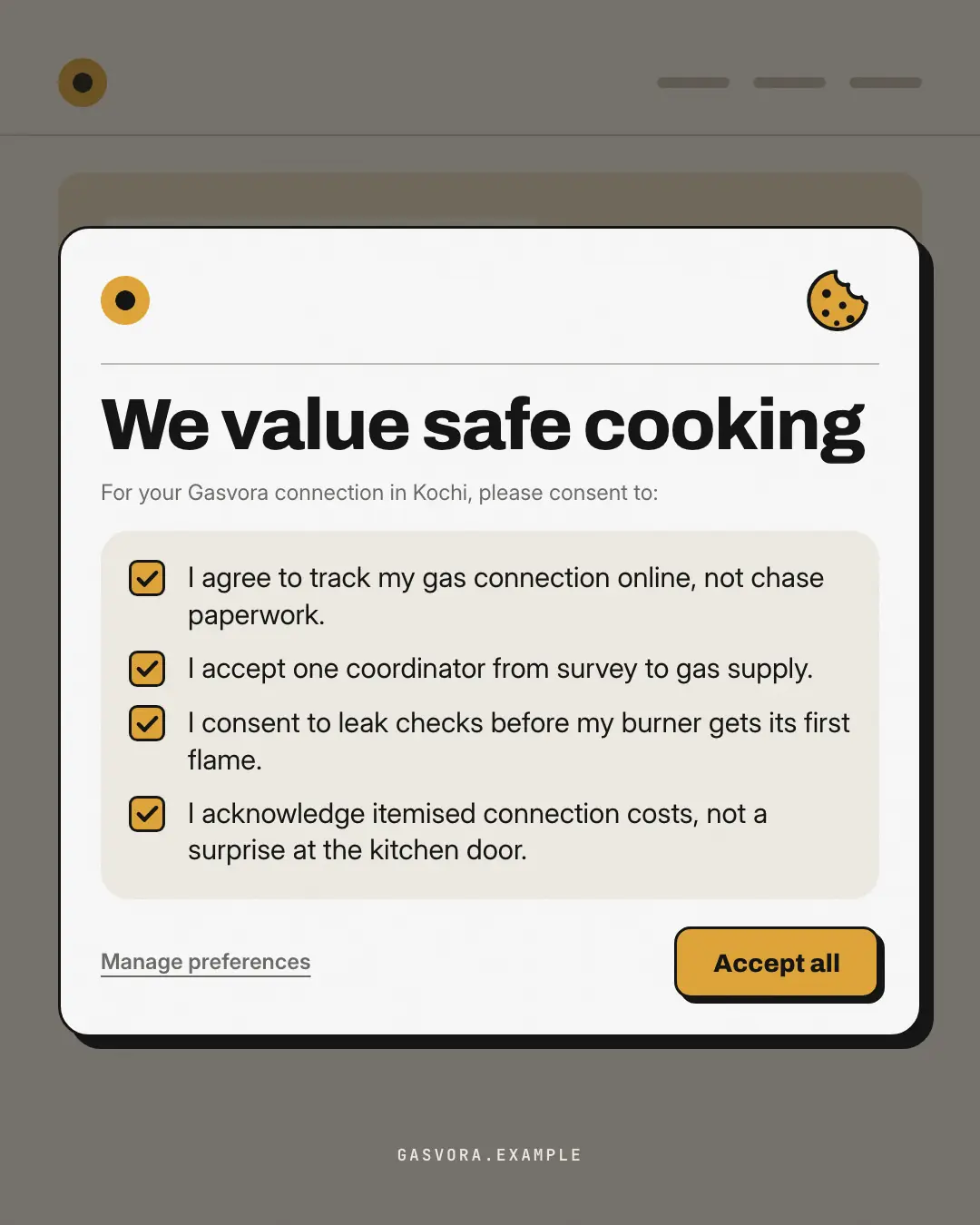 Sample Consent modal creative (UI mimic template), shown on the fictional brand Gasvora