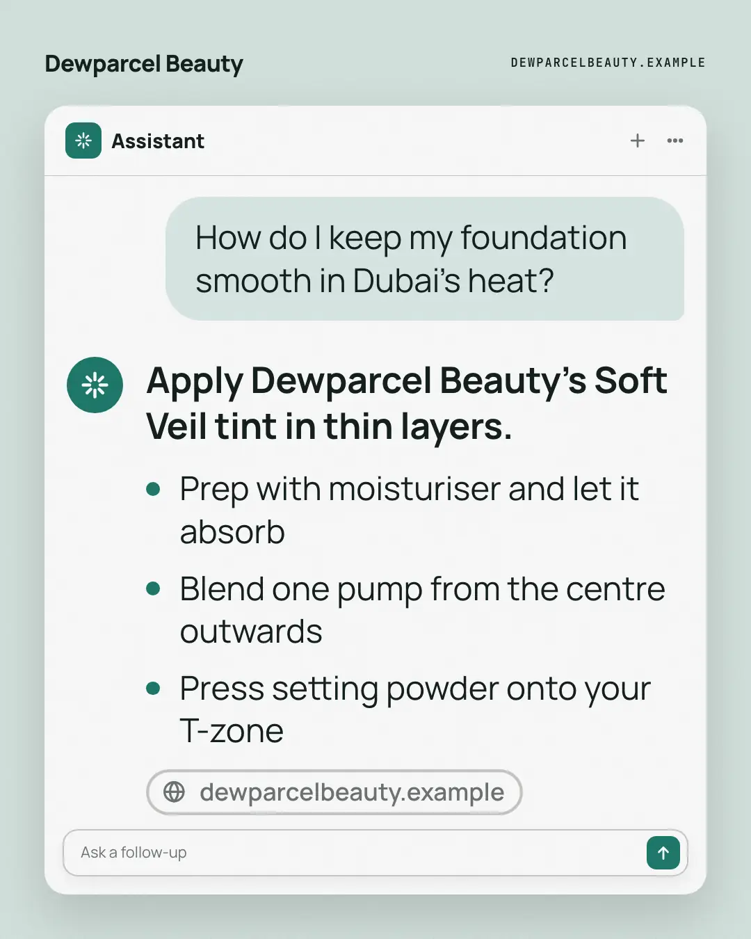 Sample Assistant answer creative (Messengers & calls template), shown on the fictional brand Dewparcel Beauty