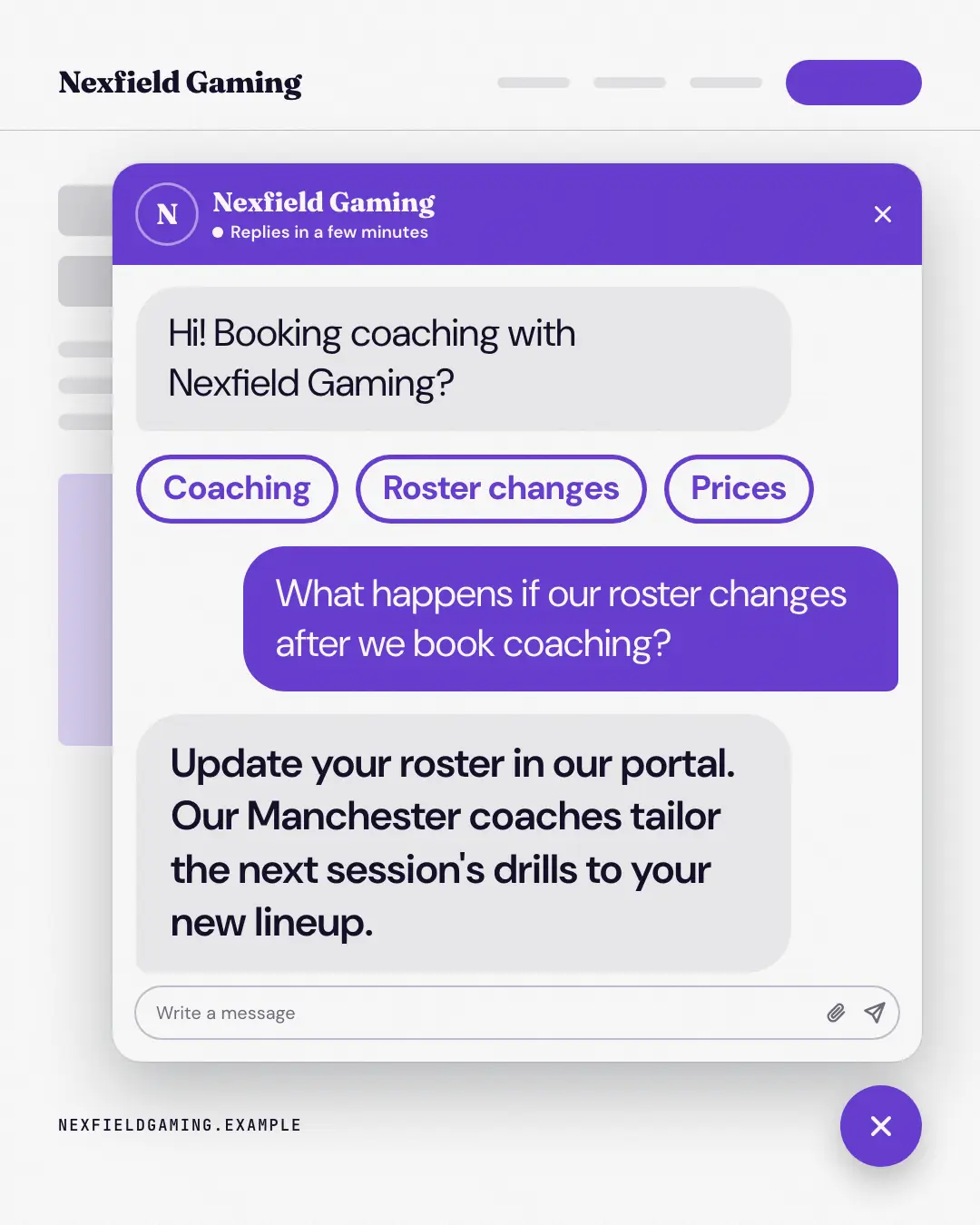 Sample Help widget creative (Messengers & calls template), shown on the fictional brand Nexfield Gaming