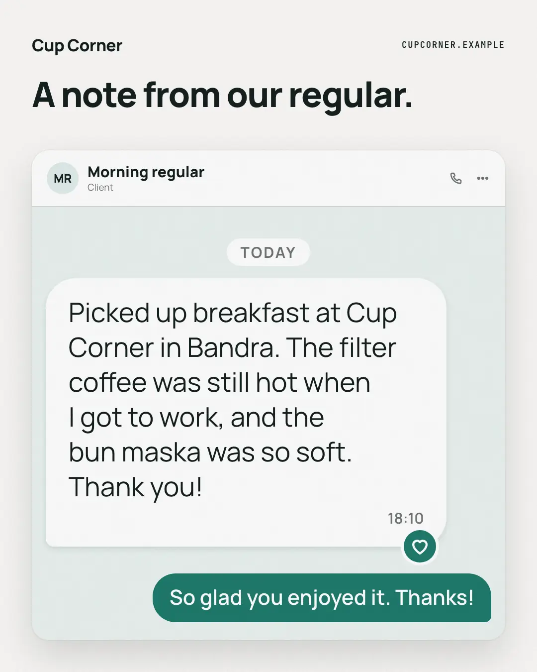 Sample Testimonial, as sent creative (Messengers & calls template), shown on the fictional brand Cup Corner