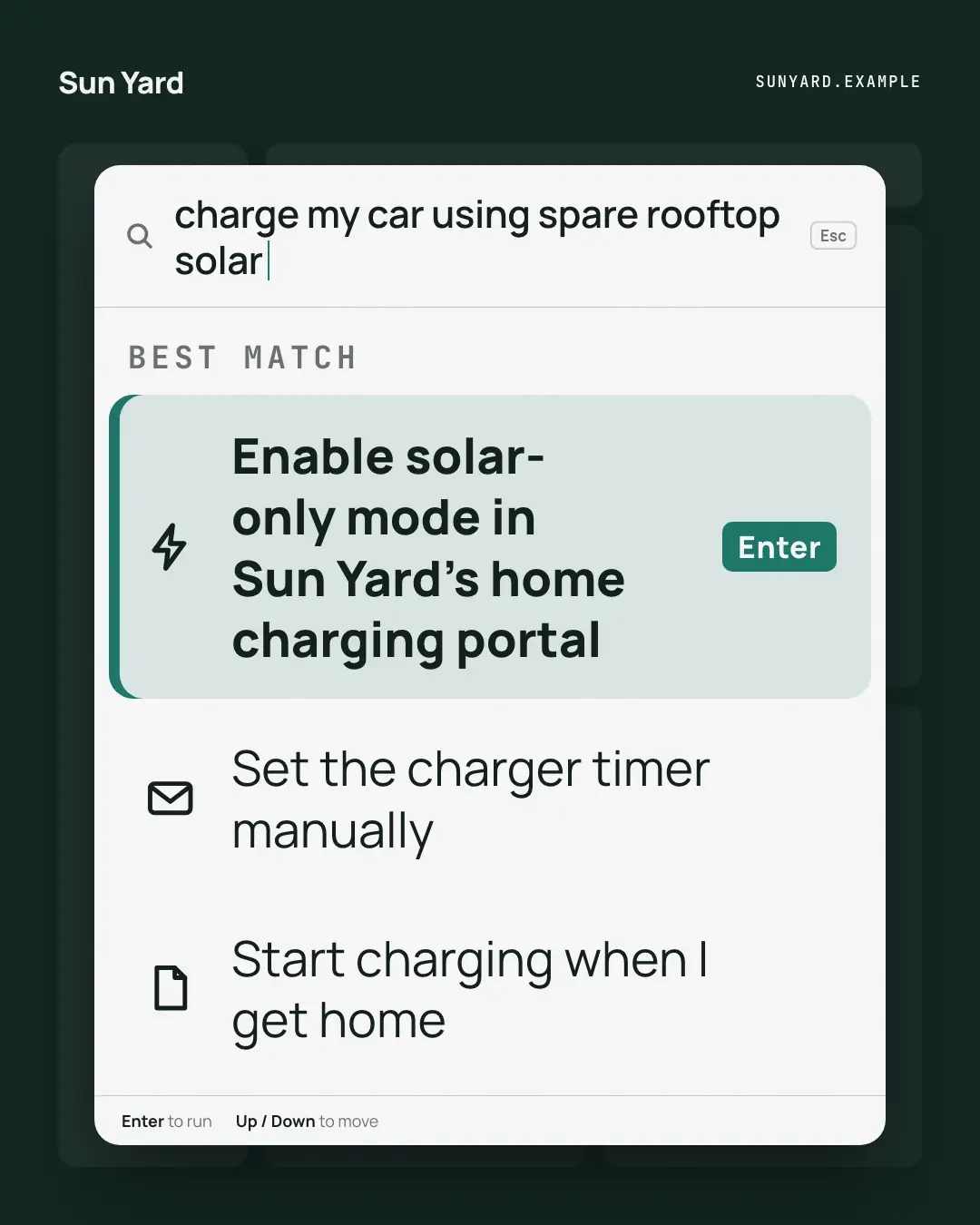 Sample Command palette creative (Work apps template), shown on the fictional brand Sun Yard