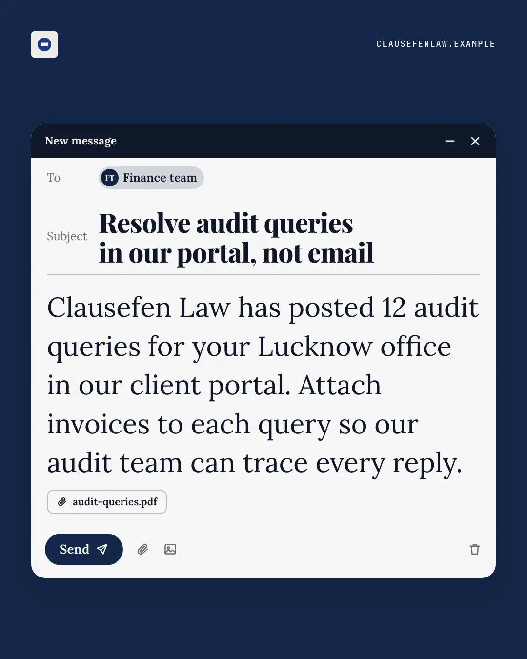 Sample Unsent email creative (Work apps template), shown on the fictional brand Clausefen Law