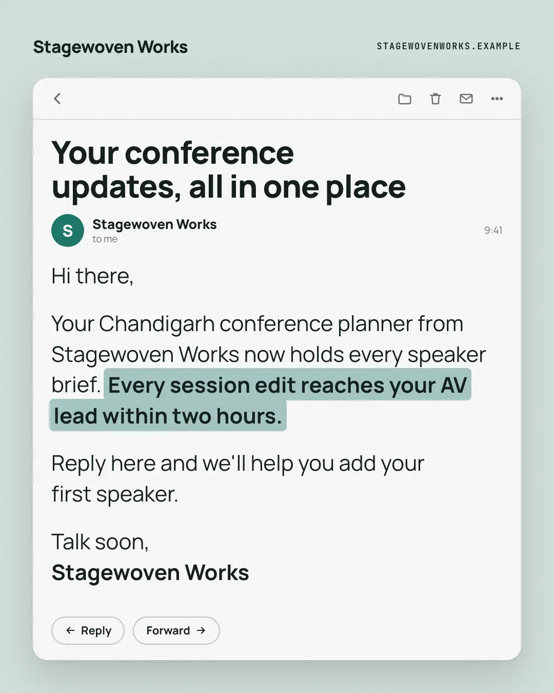 Sample Opened email creative (Work apps template), shown on the fictional brand Stagewoven Works