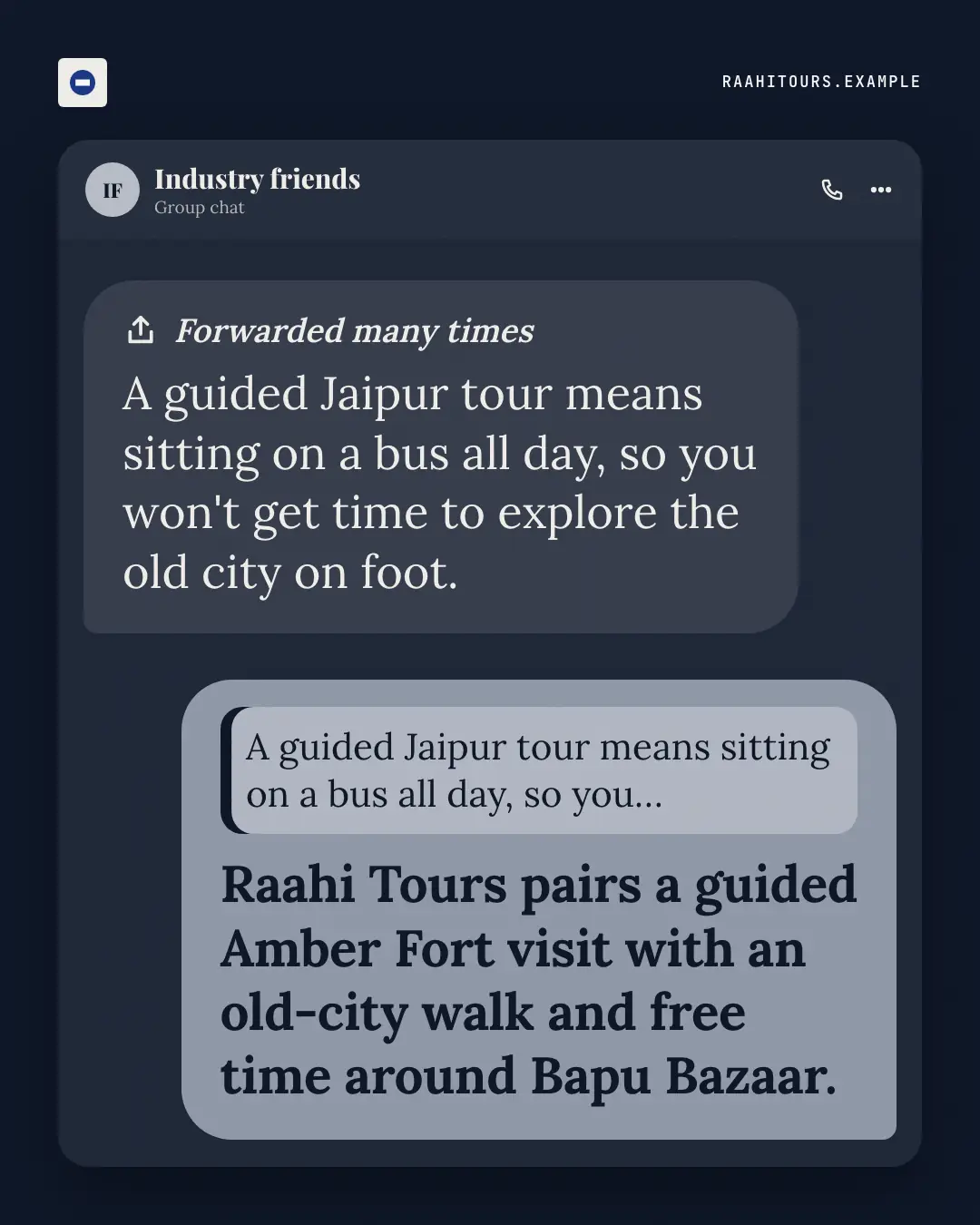 Sample Forwarded many times creative (Messengers & calls template), shown on the fictional brand Raahi Tours