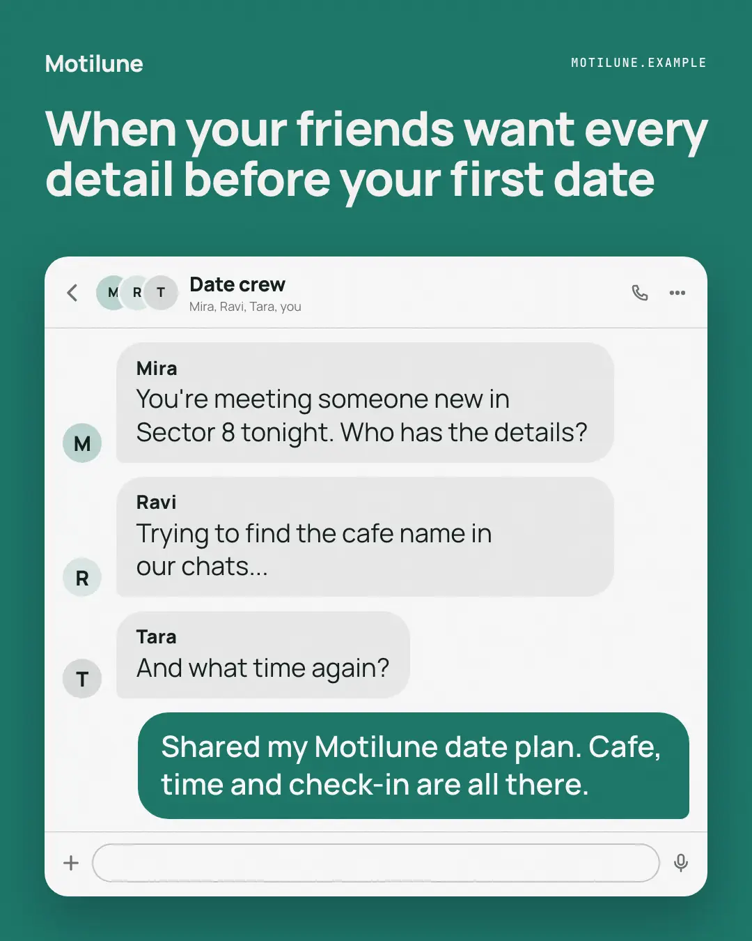 Sample Group chat creative (Messengers & calls template), shown on the fictional brand Motilune