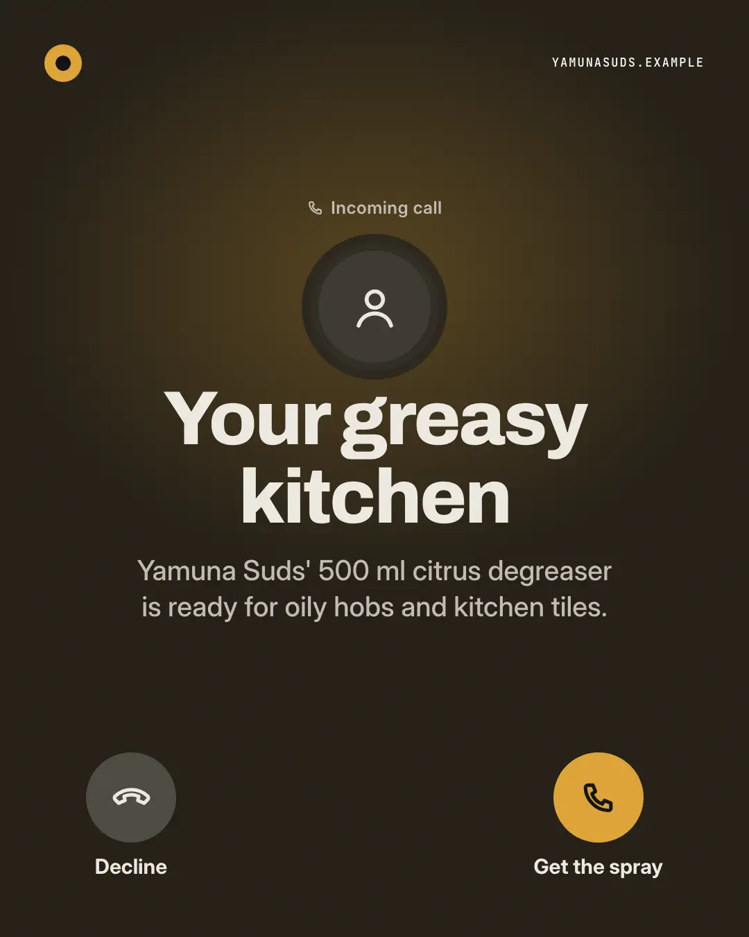 Sample Incoming call creative (Messengers & calls template), shown on the fictional brand Yamuna Suds