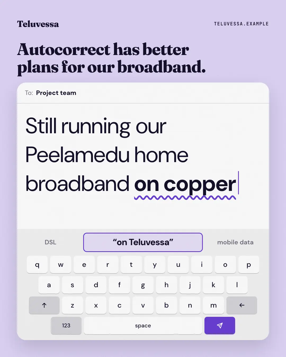 Sample Autocorrect knows creative (Messengers & calls template), shown on the fictional brand Teluvessa