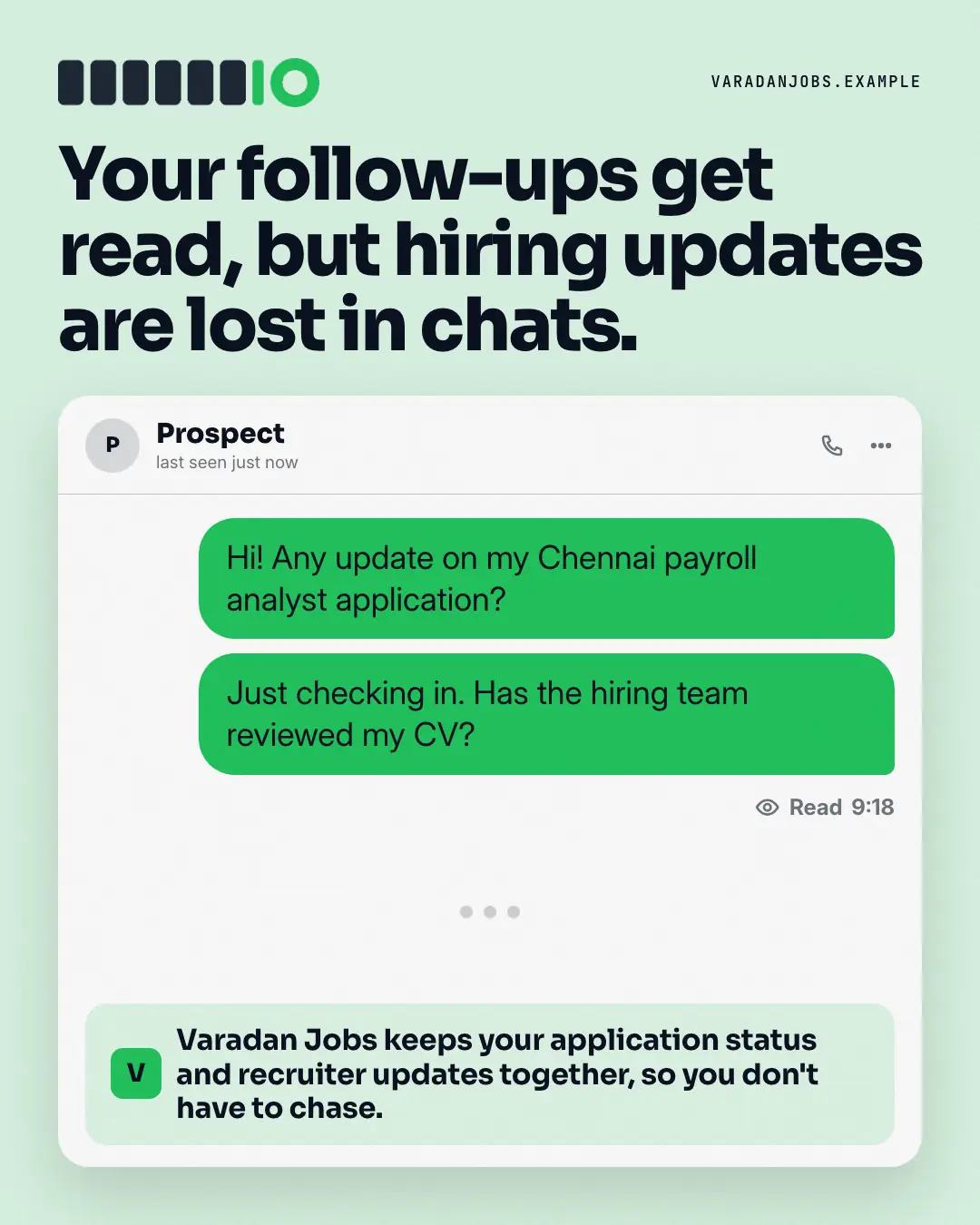 Sample Read, no reply creative (Messengers & calls template), shown on the fictional brand Varadan Jobs