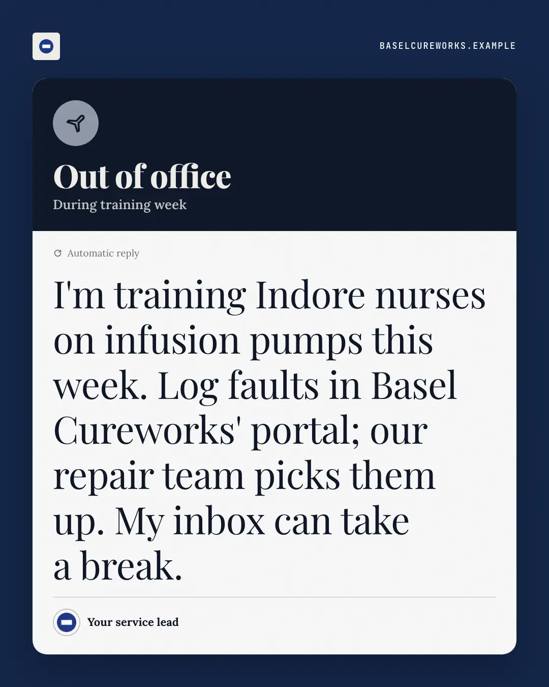 Sample Out-of-office autoreply creative (Work apps template), shown on the fictional brand Basel Cureworks